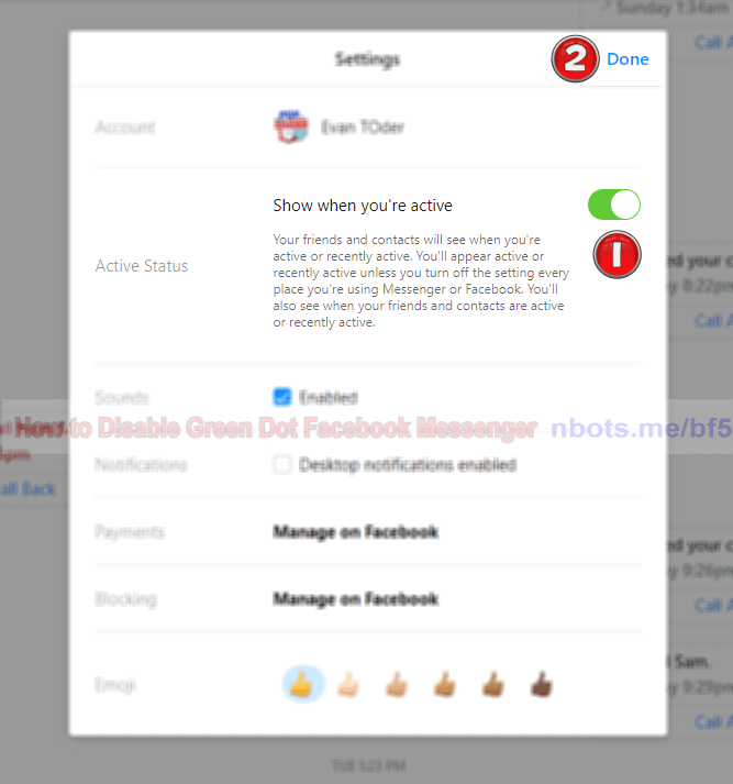 Image of How To Disable Green Dot Facebook Messenger Toggle Off Show When Active Click Done.