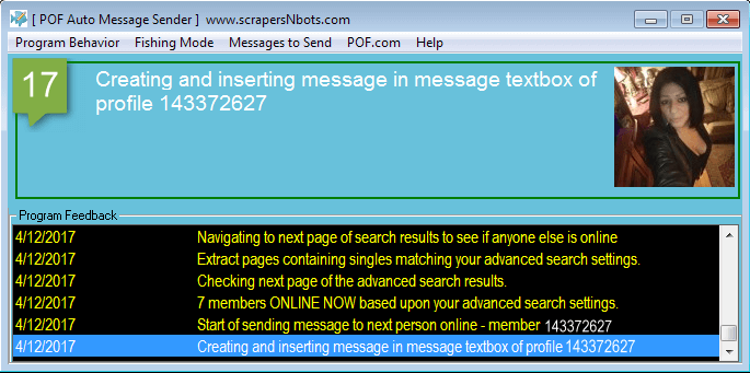 Photo of POF Auto E-mail Sender Windows Software inserting and e-mailing message to POF.com girl.